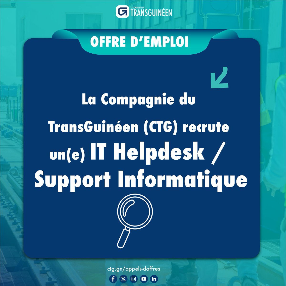 CTGGuinee's tweet photo. 𝐎𝐅𝐅𝐑𝐄 𝐃’𝐄𝐌𝐏𝐋𝐎𝐈
𝐋𝐚 #𝐂TG 𝐫𝐞𝐜𝐡𝐞𝐫𝐜𝐡𝐞 𝐮𝐧(𝐞) 𝐈𝐓 𝐇𝐞𝐥𝐩𝐝𝐞𝐬𝐤 / 𝐒𝐮𝐩𝐩𝐨𝐫𝐭 𝐈𝐧𝐟𝐨𝐫𝐦𝐚𝐭𝐢𝐪𝐮𝐞.
𝐃𝐞́𝐜𝐨𝐮𝐯𝐫𝐞𝐳 𝐥𝐞𝐬 𝐝𝐞́𝐭𝐚𝐢𝐥𝐬 𝐝𝐞 𝐥'𝐨𝐟𝐟𝐫𝐞 𝐯𝐢𝐚 𝐜𝐞 𝐥𝐢𝐞𝐧 : https://t.co/9EycTH2YL8

 #Simandou #Recrutement #Emploi #Guinée https://t.co/OCzY4FWkKA