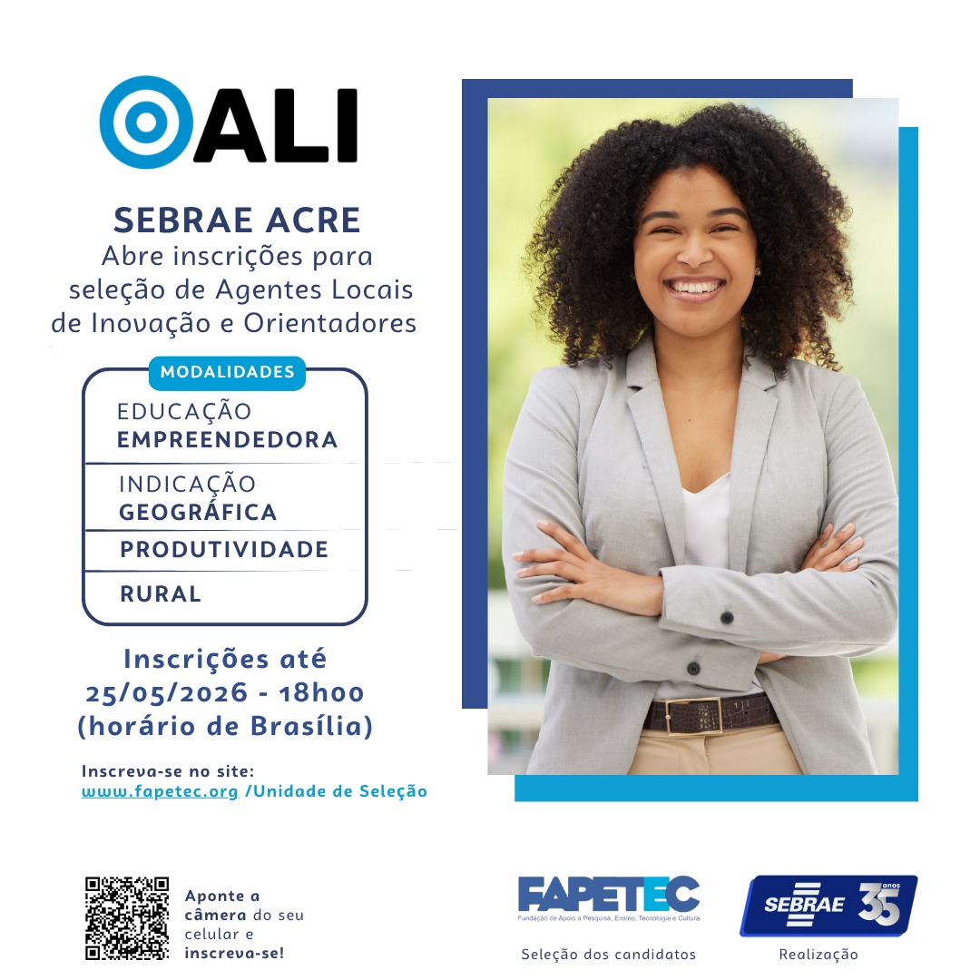 fapetec's tweet photo. O Sebrae/AC, em parceria com a FAPETEC, está com inscrições abertas para o Programa ALI, e essa pode ser a oportunidade que vai transformar a sua carreira!
Inscrições gratuitas até 30/04/26, às 18h
Inscreva-se pelo site da FAPETEC https://t.co/JwykjcBmwZ https://t.co/z8CiJbOwyt