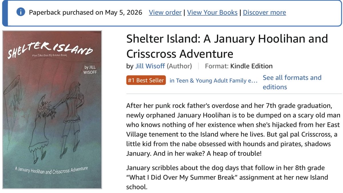 JillWisoff's tweet photo. Since publishing on May 4, my debut novel Shelter Island: A January Hoolihan and Crisscross Adventure, charted its first week at number one on Amazon's teen and young adult family ebooks category, got  a  recommend from  Kirkus  Reviews,  and  garnered  a  coveted 5-star rating from  BookBrowse.  Review  follows  from  BookBrowse:  

"Jill Wisoff’s debut novel follows the exploits of two at-risk girls as they seek to carve out stable lives for themselves. Assigned to write a “What I Did on My Summer Vacation” essay, eighth-grader January Hoolihan chronicles the radical changes she has undergone in a few short months…. She captures dialogue wonderfully, adding depth to the characters through their conversations with one another. And, although the novel touches on some heavy themes (drug abuse, homelessness, child abandonment, rape), the narrative never feels weighed down by these subjects—and indeed is often very funny.  

Most striking, however, are the book’s amazing characters. Each of the young girls speaks and acts believably for their age. Crisscross comes across as simultaneously world-wise and childlike; her sense of self-preservation is so keen that she can determine which house is unoccupied for the summer so she can break into it, yet she believes in flower fairies…Shelter Island is remarkable in a number of ways, and both teen and adult readers are likely to enjoy this YA novel’s nuanced characters and plot."