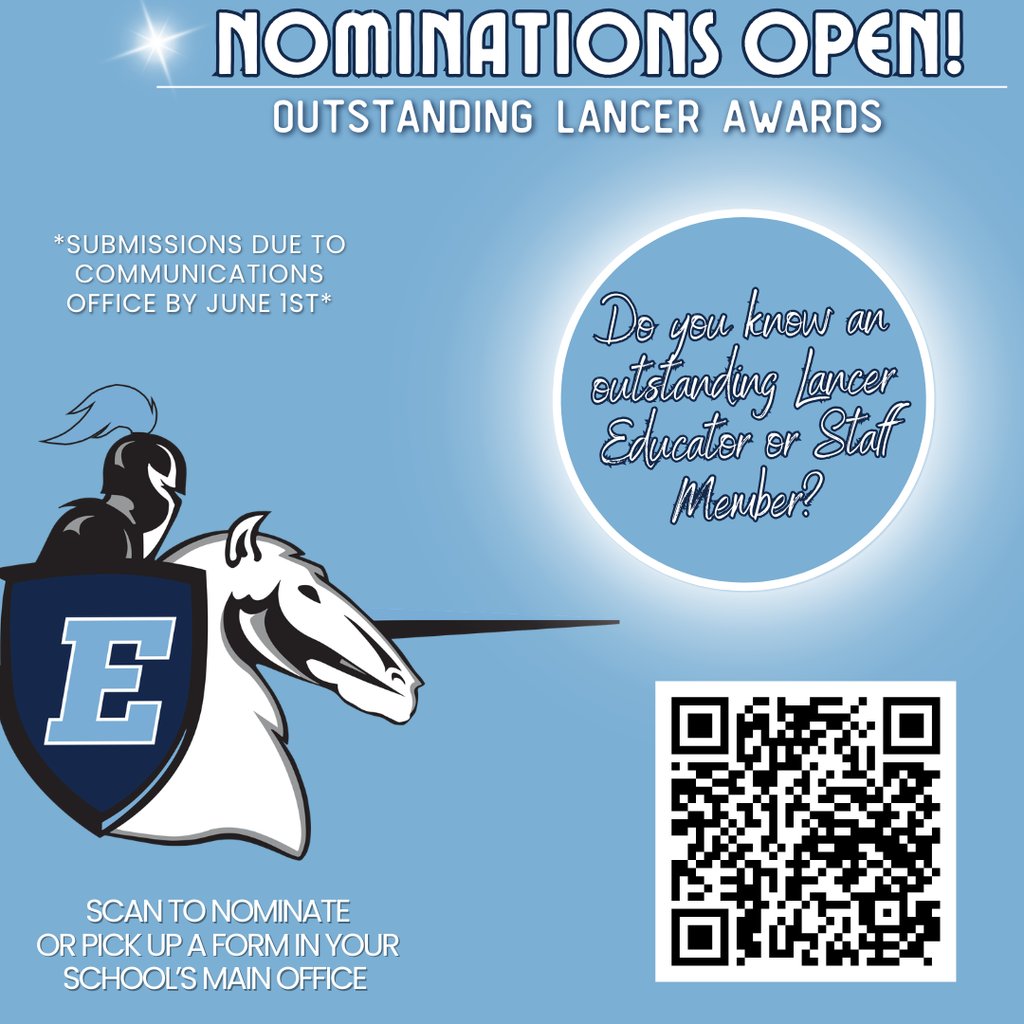 IGPrimaryEI's tweet photo. Don’t forget! 💙Nominations for the 2026 Outstanding Lancer Awards are due soon. This is your chance to highlight an EI educator or staff member who makes a difference every day.

🗓 Submit nominations by June 1, 2026
🔗 https://t.co/HJAeQjoQw2 https://t.co/JFHOlgYgb4