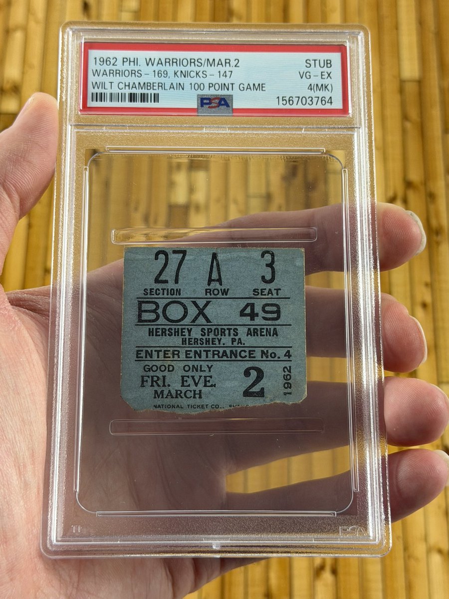 Lelandsdotcom's tweet photo. Just arrived from @PSAcard for one of our consignors! 

A surviving ticket from the night Wilt Chamberlain scored 100 points 🏀🎟️.

This holy grail is freshly graded a PSA 4 (MK) — with none graded higher by PSA and one of only 20 authenticated by the company 👀 https://t.co/lpPcCBG3q1