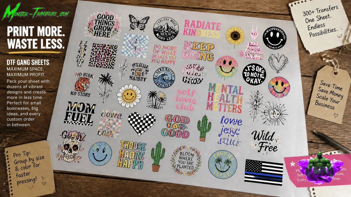 MTransfers01's tweet photo. STOP WASTING FILM and boost margins! 🚀 Pack designs onto MONSTER TRANSFERS GANG SHEETS for max efficiency. High-quality DTF that saves time and money. Turn every inch into profit. 🦖🔥

Order: https://t.co/M73MsWnCkP

#DTF #Printing #Profits

https://cdn. https://t.co/5EDCw99Ohk