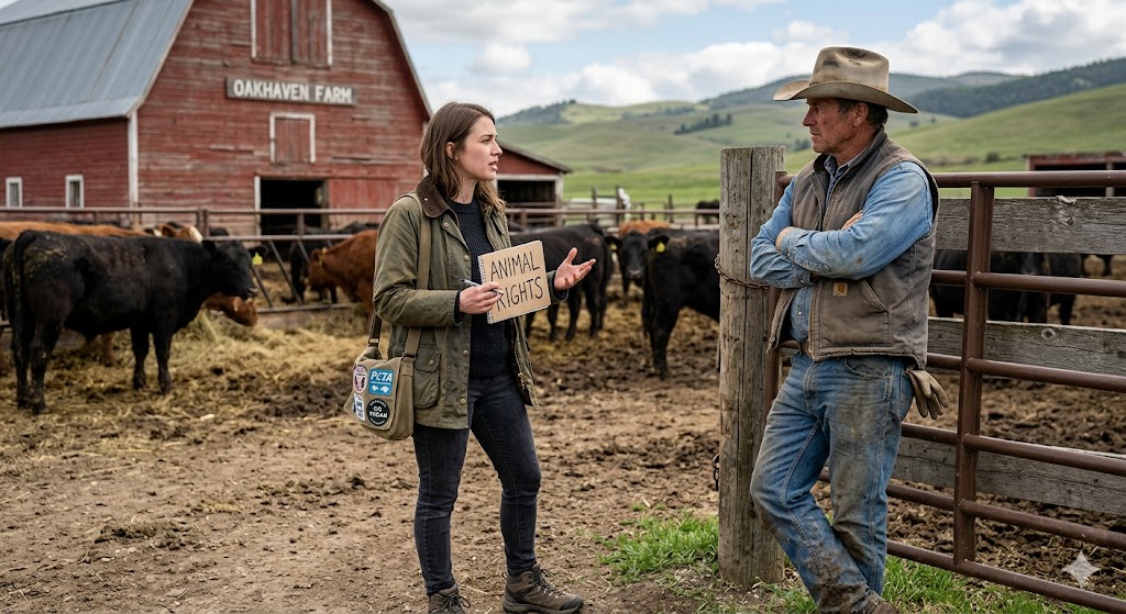 Activist: "You kill animals. I don't."

Farmer: "You eat bread?"

Activist: "Sourdough."

Farmer: "Where did the wheat come from?"

Activist: "A farm."

Farmer: "A ploughed field. Ploughed in spring, killing every vole, mouse, shrew, ground-nesting bird, and beetle that lived