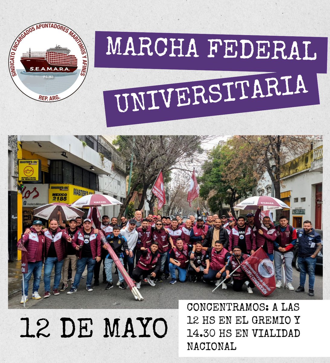 seamaraoficial's tweet photo. #SEAMARA Buen día compañeros!
En el día de mañana vamos a estar participando en la marcha federal universitaria, en el marco del acompañamiento de la CGT a esta manifestación en reclamo por condiciones y salarios dignos, exigiendo el cumplimiento de la Ley de Financiamiento https://t.co/DLSptdXJqu