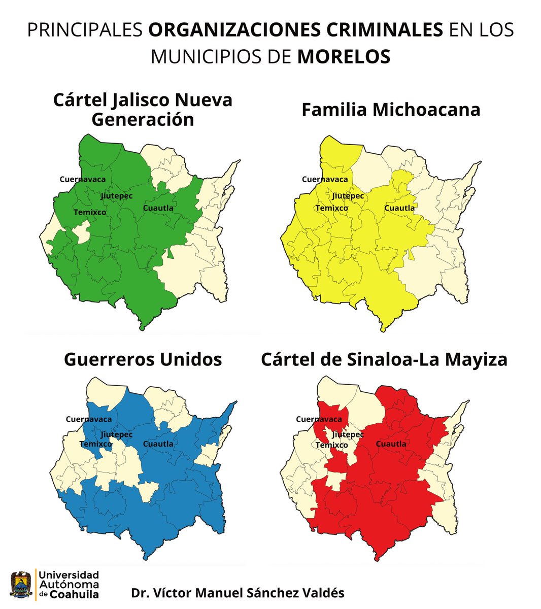 Once organizaciones criminales se disputan el control de los 36 municipios en Morelos. Las cuatro principales son el CJNG, la Familia Michoacana, la Mayiza y Guerreros Unidos. De ello escribí hoy en <a href="/Pajaropolitico/">Animal Político</a>, el link al artículo está en el primer comentario.