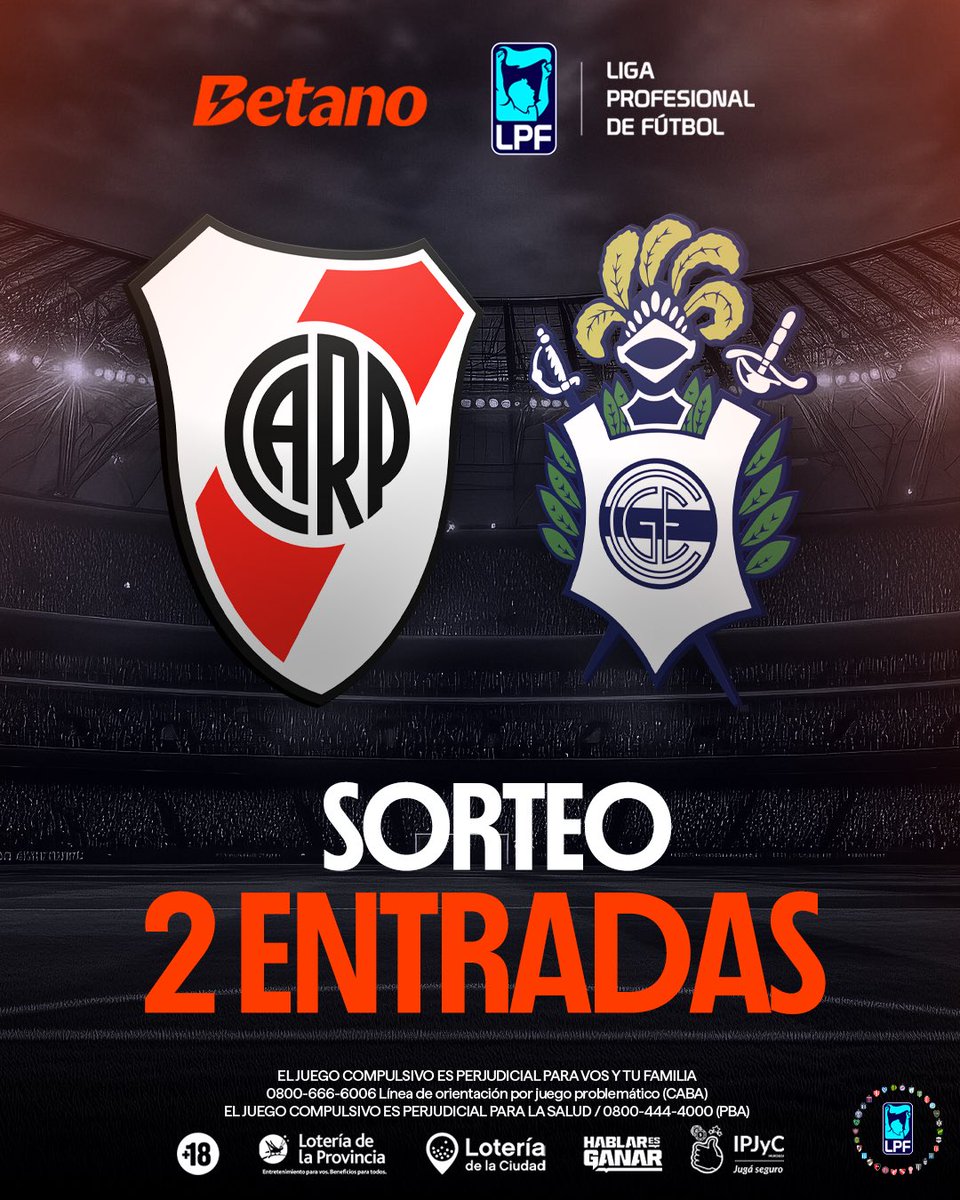 SORTEO: 𝗥𝗜𝗩𝗘𝗥 🆚 𝗚𝗜𝗠𝗡𝗔𝗦𝗜𝗔 🎟️🔥

Sorteamos 2 ENTRADAS para el choque entre el Millonario y el Lobo.

¿𝐂𝐎́𝐌𝐎 𝐏𝐀𝐑𝐓𝐈𝐂𝐈𝐏𝐀𝐑? 👇

• Dale ❤️ y RT a esta publicación.
• MENCIONÁ a tu acompañante de cancha.
• SEGUINOS 👉 <a href="/Betano_arg/">Betano Argentina</a> 

El miércoles anunciamos