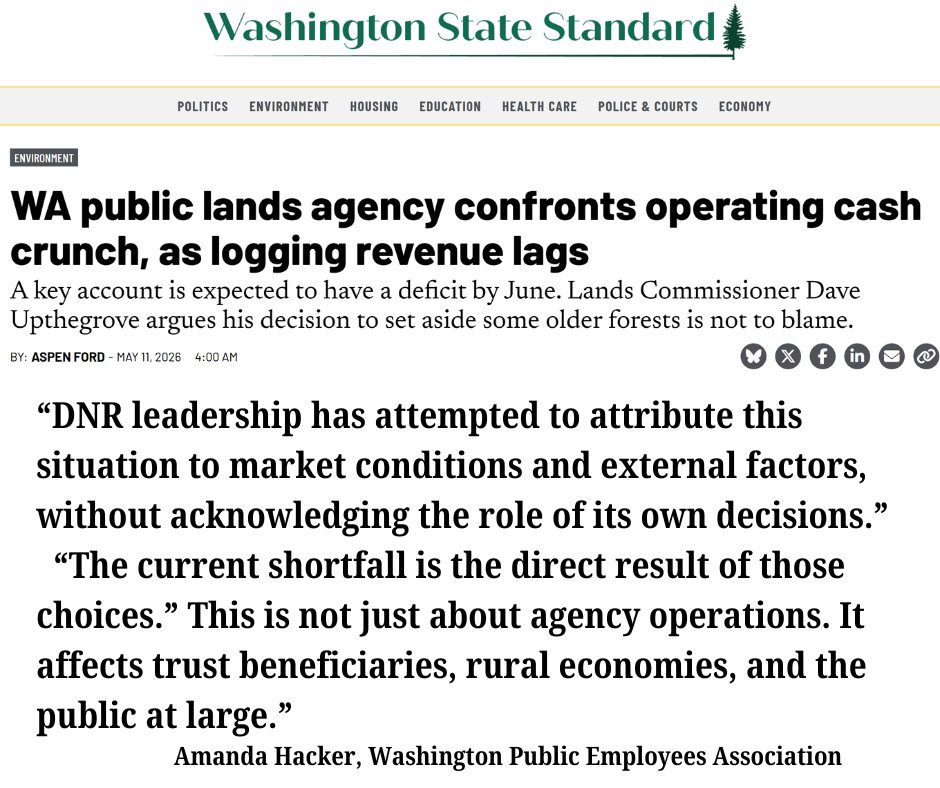 amforest_org's tweet photo. Washington DNR is facing a growing financial crisis after leadership paused, delayed, and reduced timber sales that fund schools and local services.

Read:
https://t.co/I2I2IIhZxP https://t.co/LRoU2isWn0