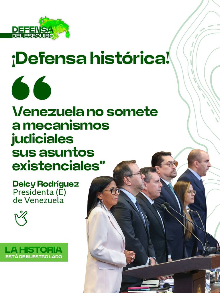 EsequiboOficial's tweet photo. Con contundencia Delcy Rodríguez, presidenta (E) de Venezuela expuso ante la Corte Internacional de Justicia la voz del pueblo venezolano en la defensa del territorio venezolano de la Guayana Esequiba.

#VenezuelaToda https://t.co/gxMvJCNiIs