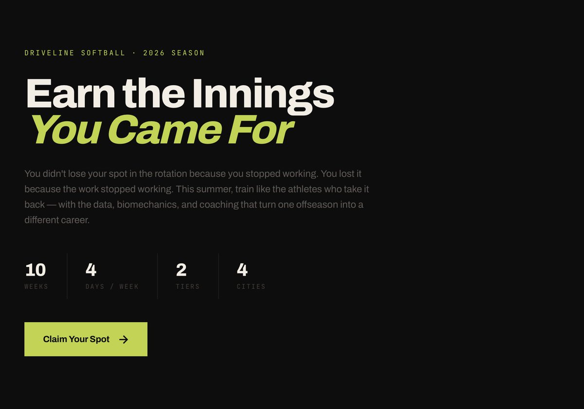 DrivelineSB's tweet photo. Spots are filling. Don't let someone else take yours.

If you didn't get the innings, the at-bats, or the velo jump you came for this spring, this is the summer that changes it.

4 cities. 2 tiers. Limited spots per skill per location. June 1 is three weeks out.

Claim yours: https://t.co/uuRE20d6cq

#betonme