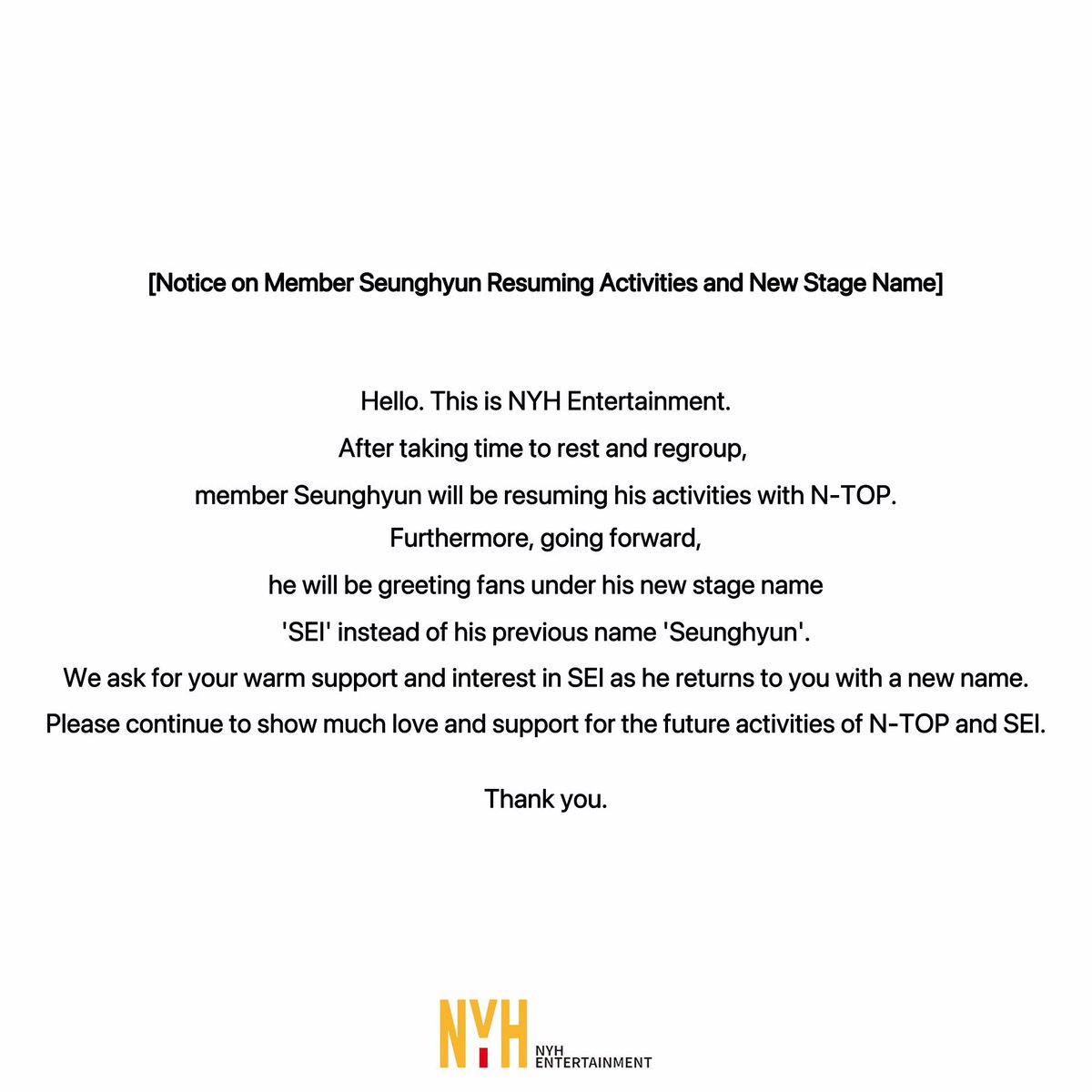 NTOP_UPDATES's tweet photo. After a temporary hiatus, Seunghyun will rejoin #NTOP activities under his new stage name, SEI. https://t.co/XEpiS6XKxe