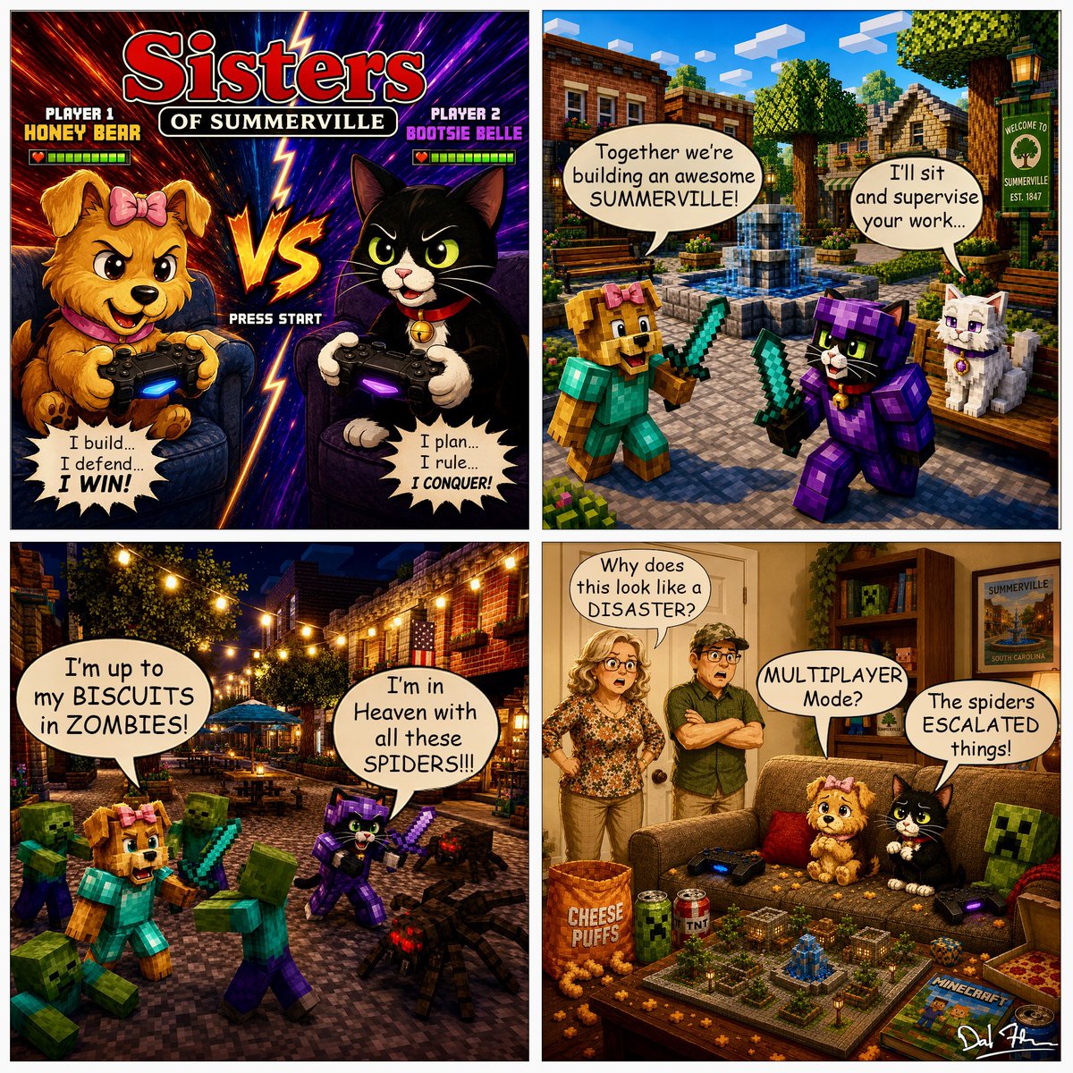 dfliesen's tweet photo. 🎮 #SistersOfSummerville: #MultiplayerMode 🎮
Ever wonder what your #pets do when you leave them at home alone?  Honey Bear and Bootsie Belle transform downtown #Summerville into a full-blown #Minecraft battleground! 🕷️⚔️🧟

👉 Catch more adventures at:
https://t.co/UDGDVVQkeB https://t.co/FrXTzjajzG