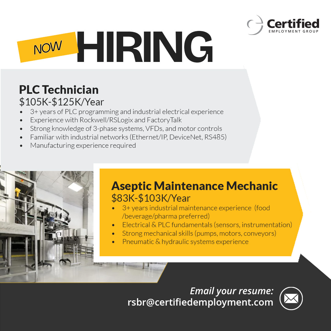 certifiedemp's tweet photo. 🚨 Now Hiring – West Sacramento, CA!
✅PLC Technician: https://t.co/c6qP7qmh6M
✅Aseptic Maintenance Mechanic: https://t.co/H6cYRoVFsL
Apply online or send your resume to rsbr@certifiedemployment.com https://t.co/4AWMk8bCFC