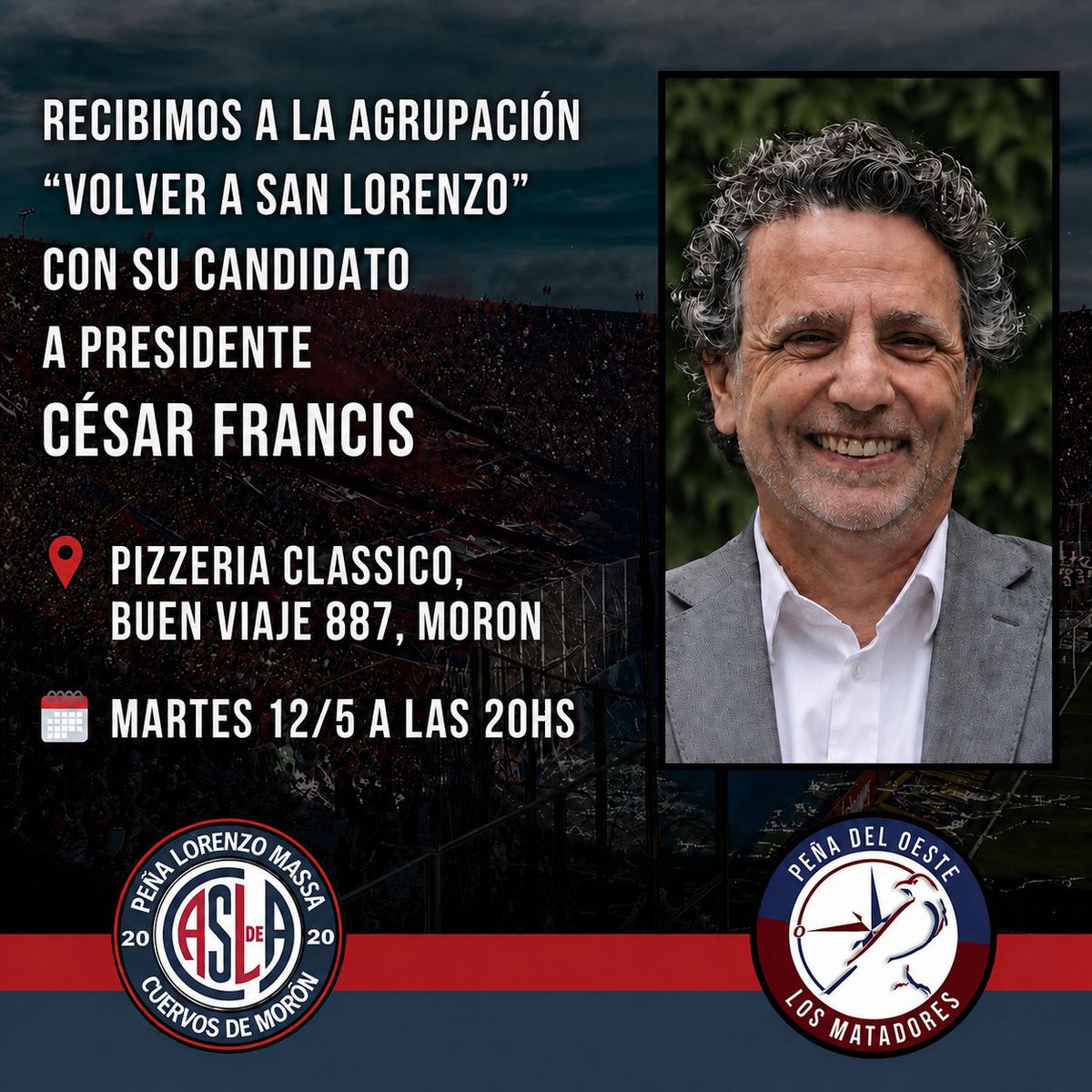 matadoresoeste's tweet photo. Buenas tardes. 

Mañana estaremos recibiendo a la agrupación
 "Volver a San Lorenzo" con su candidato a presidente Cesar Francis. 

La reunión será a las 20hs en Pizzería Classico : Buen Viaje 887 - Morón. 

Los esperamos. 
Peña del oeste Los Matadores 🔵🔴 https://t.co/vyRxmzy0z3