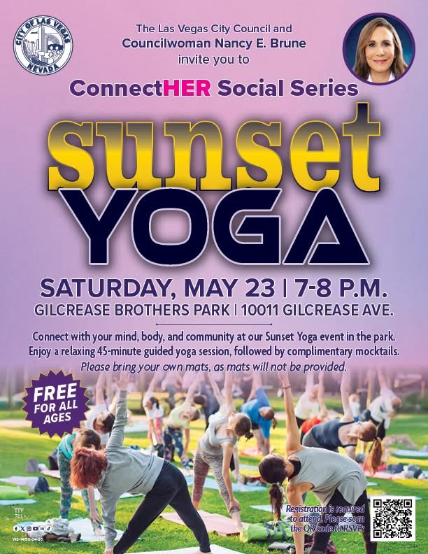 Brune4Vegas's tweet photo. Our next ConnectHER event is coming up: free Sunset Yoga 🧘‍♀️🌅

Ladies, connect with your mind, body, and each other through a guided 45-minute yoga session. Then, enjoy a mocktail bar with tasty refreshments.🍹

Grab a friend and join us! RSVP here: 
https://t.co/3YcyaM4NNf https://t.co/0PZ7iC74I0