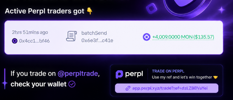 ohasteve's tweet photo. Another $MON stimmy for traders on @monad  😎 

If you trade on @perpltrade , check your wallet.

Get in Perpl rn, the best is yet to come

https://t.co/QRRO6nB25U

perplio https://t.co/w2wV3PKmR5