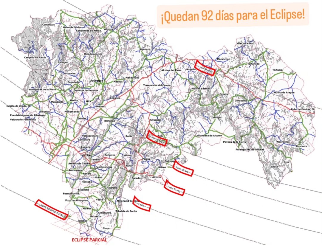 S_Abella's tweet photo. La provincia de Guadalajara será un área privilegiada para observar el Eclipse. El 99% del territorio estará dentro de la franja de totalidad. El municipio molinés de Villel de Mesa será el municipio donde más dure la totalidad: 1'42''.
#eclipsesoltotal
#guadalajaraeclipse2026 https://t.co/XKIbuaeqVG