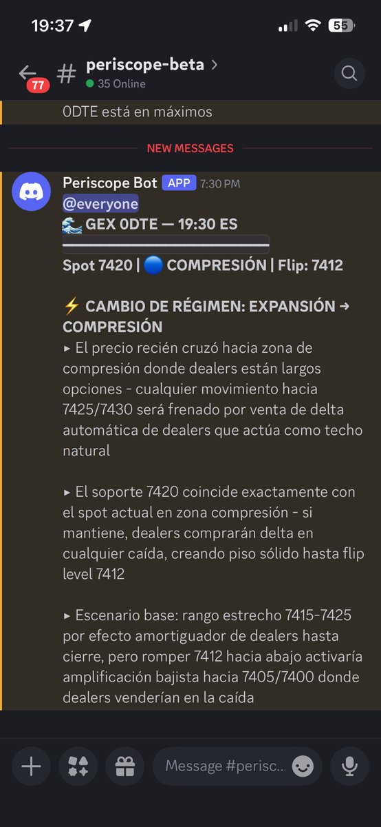 inversornovat0's tweet photo. Aquí tenemos al BOT interpretando los datos del posicionamiento de mercado, con spot en 7412 se marcó como escenario más probable el regreso a 7420, 15 minutos más tarde, 7420 😃. El posicionamiento de los Market Makers cambia cada minuto, por ello actualizamos cada 15 😉.

Si alguien quiere unirse al grupo de Discord que lo diga, paso 🔗.