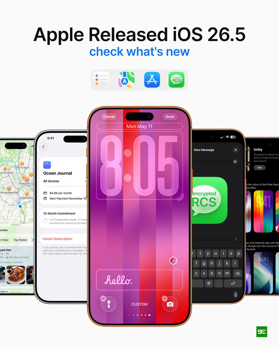 9techeleven's tweet photo. Apple released iOS 26.5 for all supported devices. 

Here’s what’s new https://t.co/8RfP14QgrG