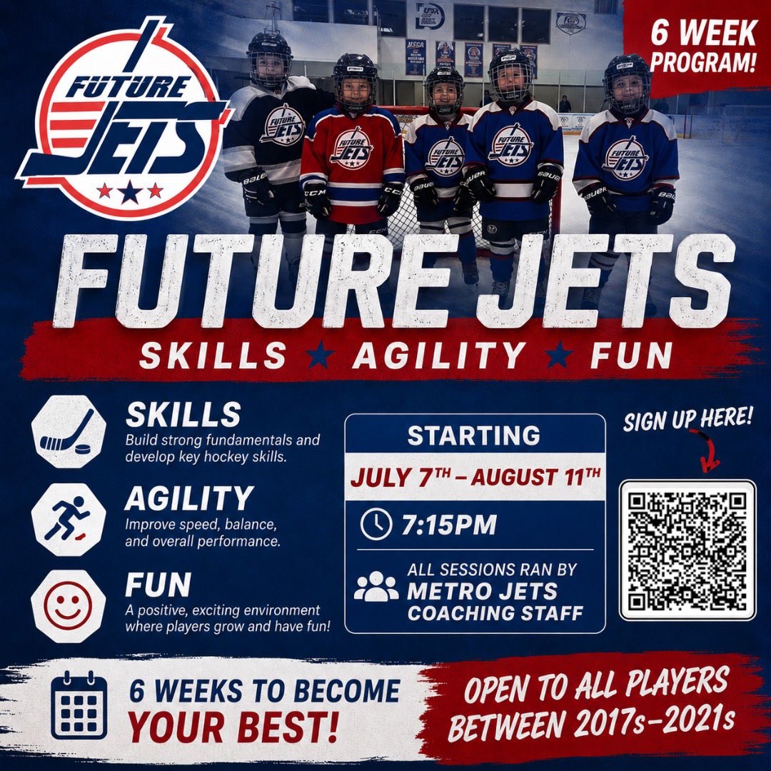 MetroJetsHockey's tweet photo. ✈️ FUTURE FLYERS ✈️ 

It’s here!

Learn skills and agility and most of all, have fun doing it!

All players receive a jersey, hat, and water bottle. 

Sign up before June 7 for $150 or $195 after June 7.

For more, visit  https://t.co/ooBwwAXhcH.

#PlayLikeBray #FutureJets https://t.co/rJCHjUyQxO