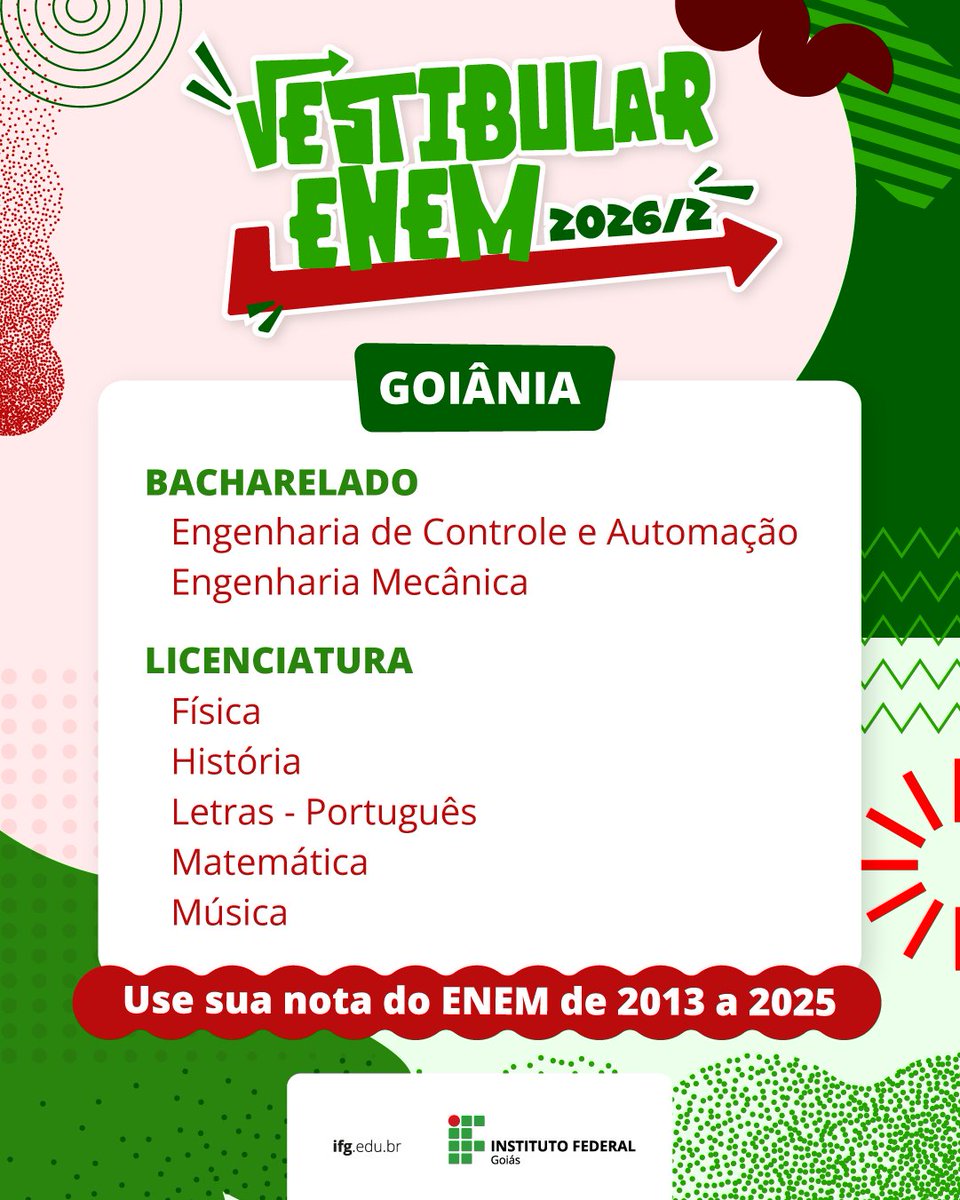IFG_Goias's tweet photo. 📣 Atenção!

😃 O IFG abriu as inscrições para o Vestibular Enem 2026/2!
✅ Há vagas disponíveis em seis câmpus e em cursos de bacharelado e licenciatura.
🔗 Saiba mais no nosso site: https://t.co/Ov7PvNhhRW

#vestibular #formosa #goiania #uruaçu #itumbiara #luziania https://t.co/xFTPbHR8Bh