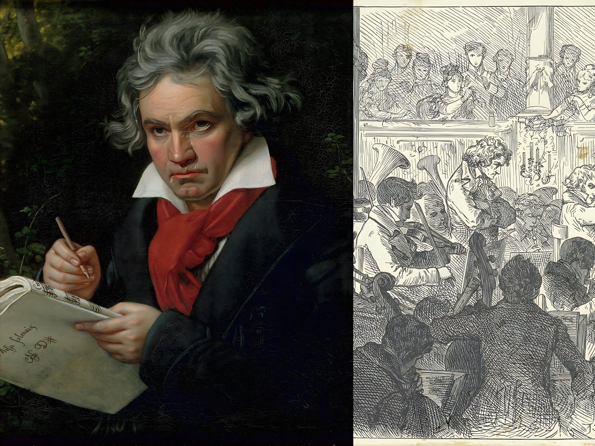 E0_DS0_Omega's tweet photo. beethoven couldn't hear the ninth symphony. when it premiered in vienna on may 7, 1824, the audience erupted. he kept conducting until a contralto named caroline unger physically turned him around so he could see them clapping. he wept on stage.

he had been losing his hearing for almost thirty years. it started at twenty six. by thirty two he had written a letter to his brothers about how close he came to giving up over it, and decided he could not leave the world until he had written the music inside him. he never sent that letter. it was found in his desk after he died.

he composed by biting a wooden rod and pressing it against the piano. he felt vibrations through his jawbone. he broke pianos by hitting the keys too hard, trying to feel sound he could no longer hear. people communicated with him by writing in notebooks. four hundred of them survived. most are mundane requests. some are people quietly mocking him while he sat across the table unable to hear.

his face was pockmarked from smallpox he had years before. he avoided mirrors. he wrote love letters to a woman he never named, found in his desk along with the letter about wanting to stop, never sent either of them.

he spent his last decade in a six year custody battle over his nephew karl. karl's collapse in 1826 broke him. eight months later beethoven was dead at fifty six. an autopsy of his hair a century later found heavy lead. it may have been poisoning him for decades.

on march 29, 1827 his funeral drew over twenty thousand people to the streets of vienna. schubert was one of the torchbearers. schubert died the next year.

the man who could not hear sound shaped what sound would mean for the next two hundred years.