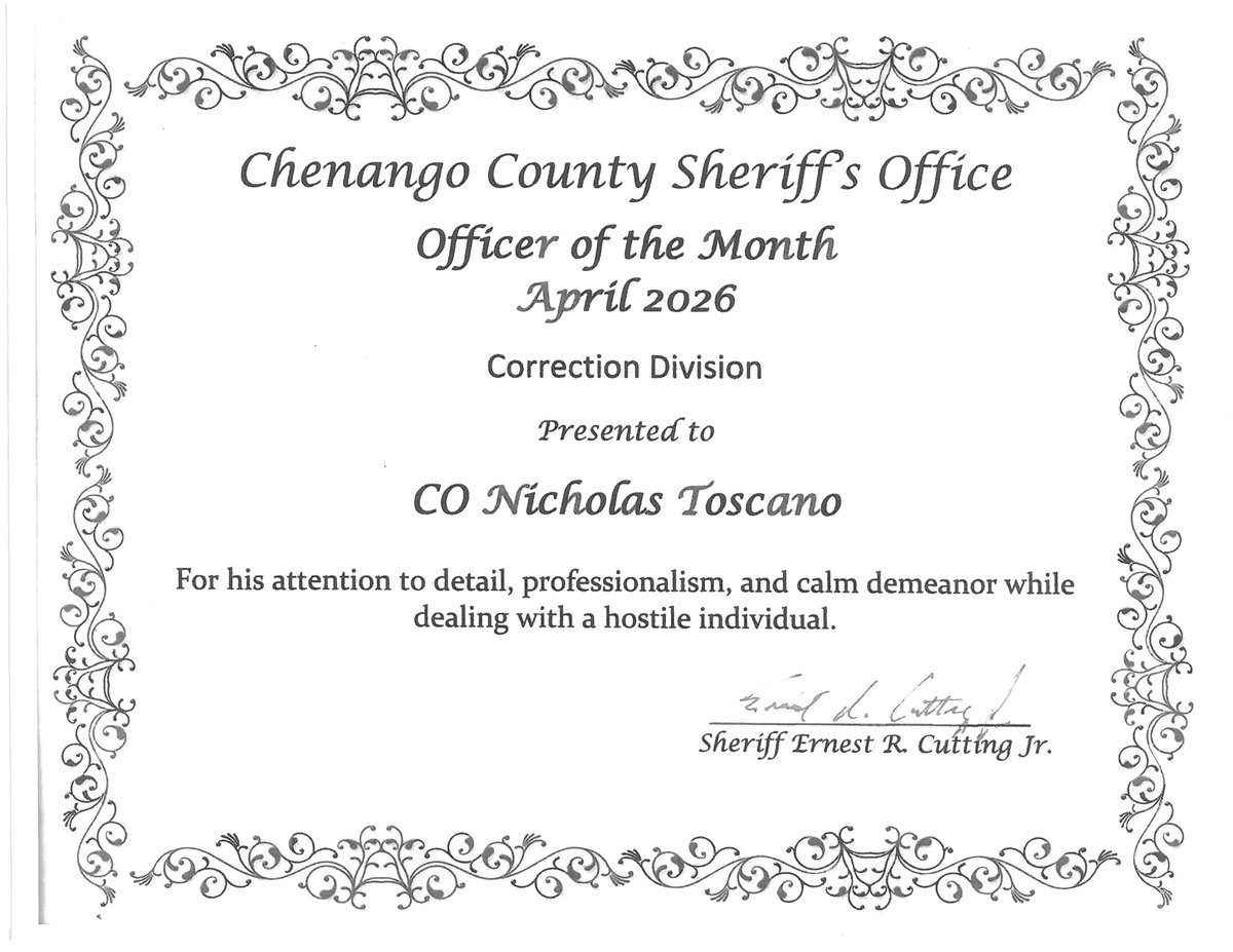 ChenangoSheriff's tweet photo. April 2026 Officer of the Month https://t.co/SLSHBsC4NM https://t.co/dvkhfgYwaF
