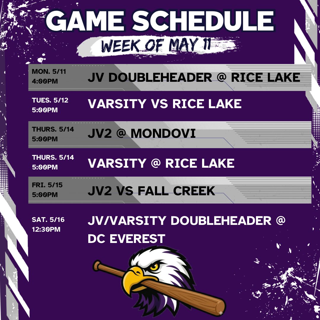 oldabebaseball's tweet photo. Week 6: Rice Lake series & Sat DH in DC Everest. ⚾️
🗓️ Tues 5/12: HOME vs Rice Lake (5:00 PM)
🗓️ Thurs 5/14: @ Rice Lake (5:00 PM)
🗓️ Sat 5/16: DH vs. Neenah (12:30 PM) & DC Everest (3 pm)
Full schedule below for all levels 🦅
#OldAbeBaseball #onamission #BigRiversConference https://t.co/V8ihPPxn59