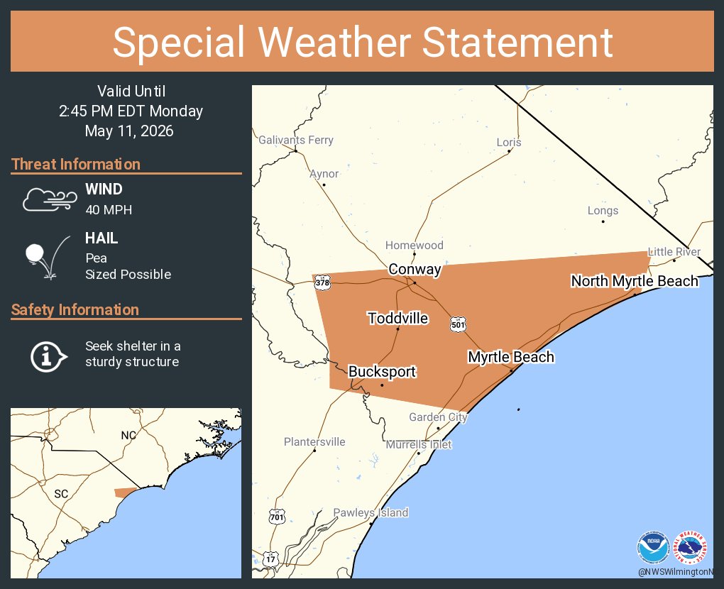 NWSWilmingtonNC's tweet photo. A special weather statement has been issued for Myrtle Beach SC, Socastee SC and  Conway SC until 2:45 PM EDT #SCwx https://t.co/GQJpsD57tw