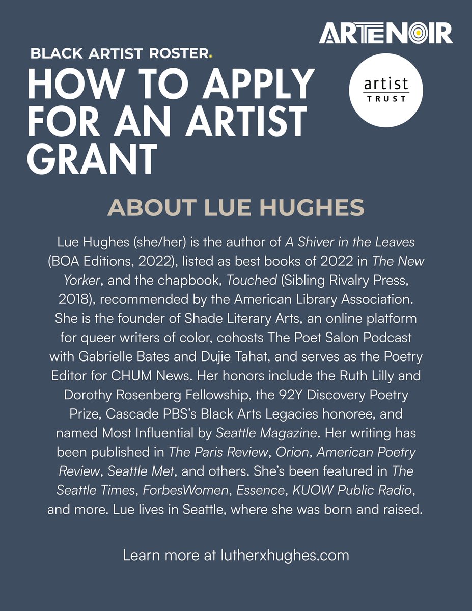 artisttrust's tweet photo. Organized in partnership with ARTE NOIR and open to artists in their Black Artists Roster, poet Lue Hughes will be leading a workshop on applying for artist grants. 

Apply to be part of the roster: https://t.co/cXApH5IPzj https://t.co/Ib1E5S8DFJ