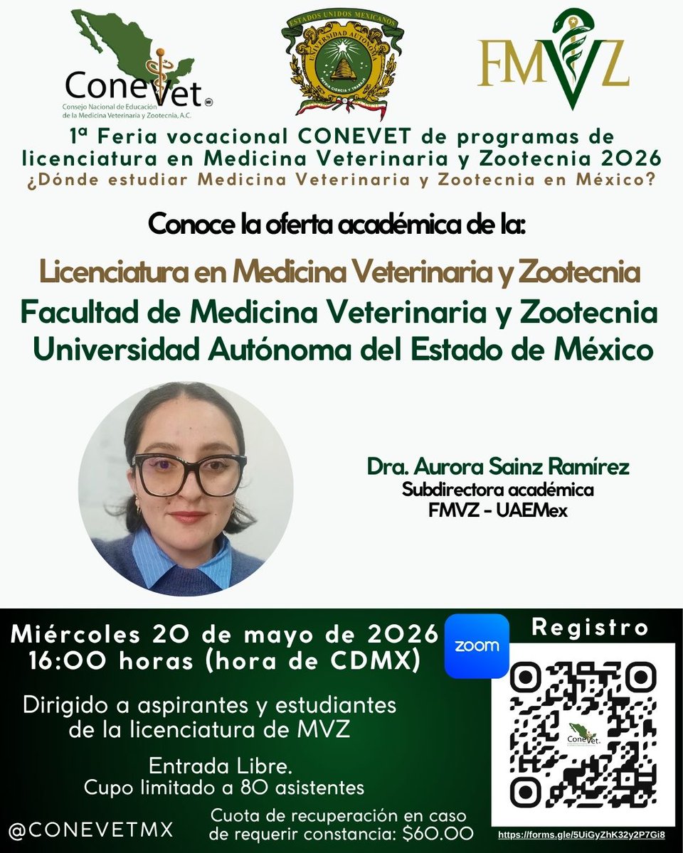 CONEVETmx's tweet photo. 🐾 ¿Dónde estudiar Medicina Veterinaria y Zootecnia?

Conoce la oferta académica de la FMVZ de la UAEMéx en la Feria Vocacional CONEVET 2026.

📅 20 mayo | 16:00 h (CDMX)
💻 En línea | Entrada libre
⚠️ Cupo limitado

#CONEVET #MVZ #UAEMex #FeriaVocacional https://t.co/sTK5RNvCpg