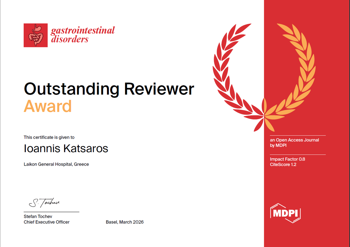 gikats_'s tweet photo. Honored to receive the 2025 Outstanding Reviewer Award from @GIDisorders2017! 🏆
Peer review is vital for scientific rigor, and I'm proud to contribute to the research in our field.

#PeerReview #Surgery #MedX #AcademicTwitter https://t.co/2Elz6xo4x9
