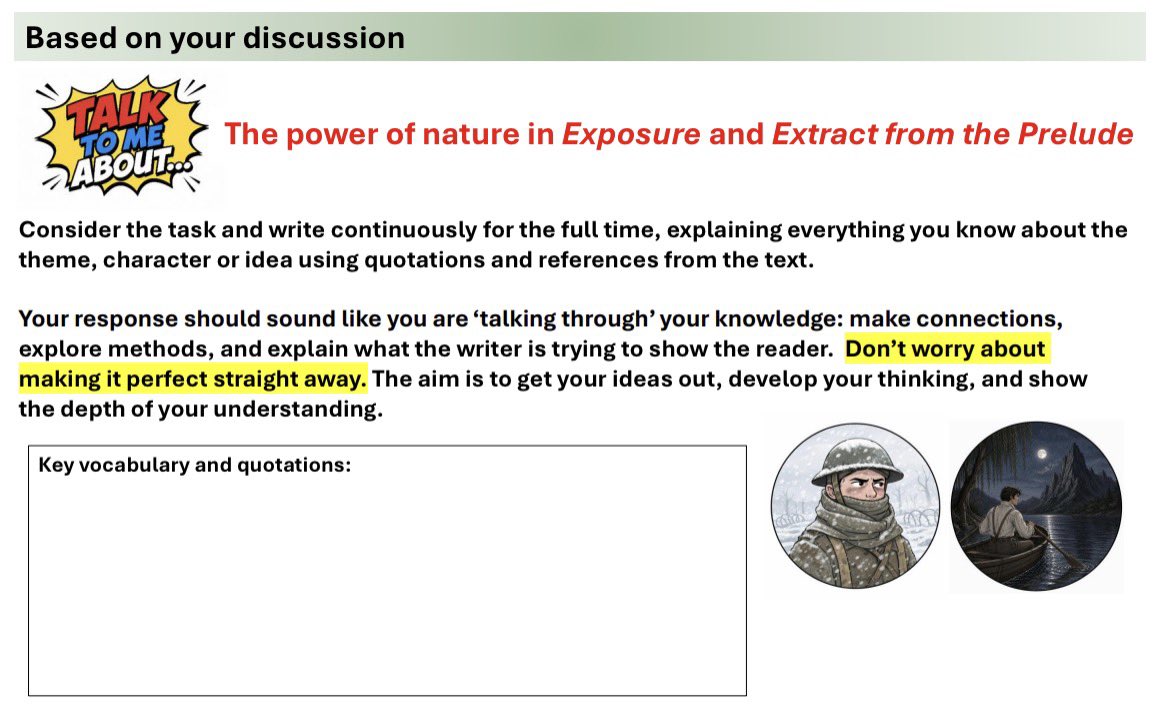 SPryke2's tweet photo. NEW RESOURCE: Tried @zssnas style prompts for structured conversations about poetry with Year 10 this week. Worked brilliantly - rehearsal discussions had before diving into the anthology and the presentation of the power of nature. Slides attached. Use/chuck as you see fit! https://t.co/yDINOgHdSj