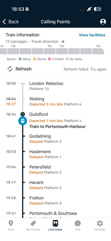 Compass_Master's tweet photo. @SW_Help your own app says the train I am on has left Guildford, when I look out the window Guildford is still there, roughly 15 minutes after the App says we have left, good grief your information is rubbish. Any idea why we are running late? Should I believe anything you say? https://t.co/QC6OlK2MlI