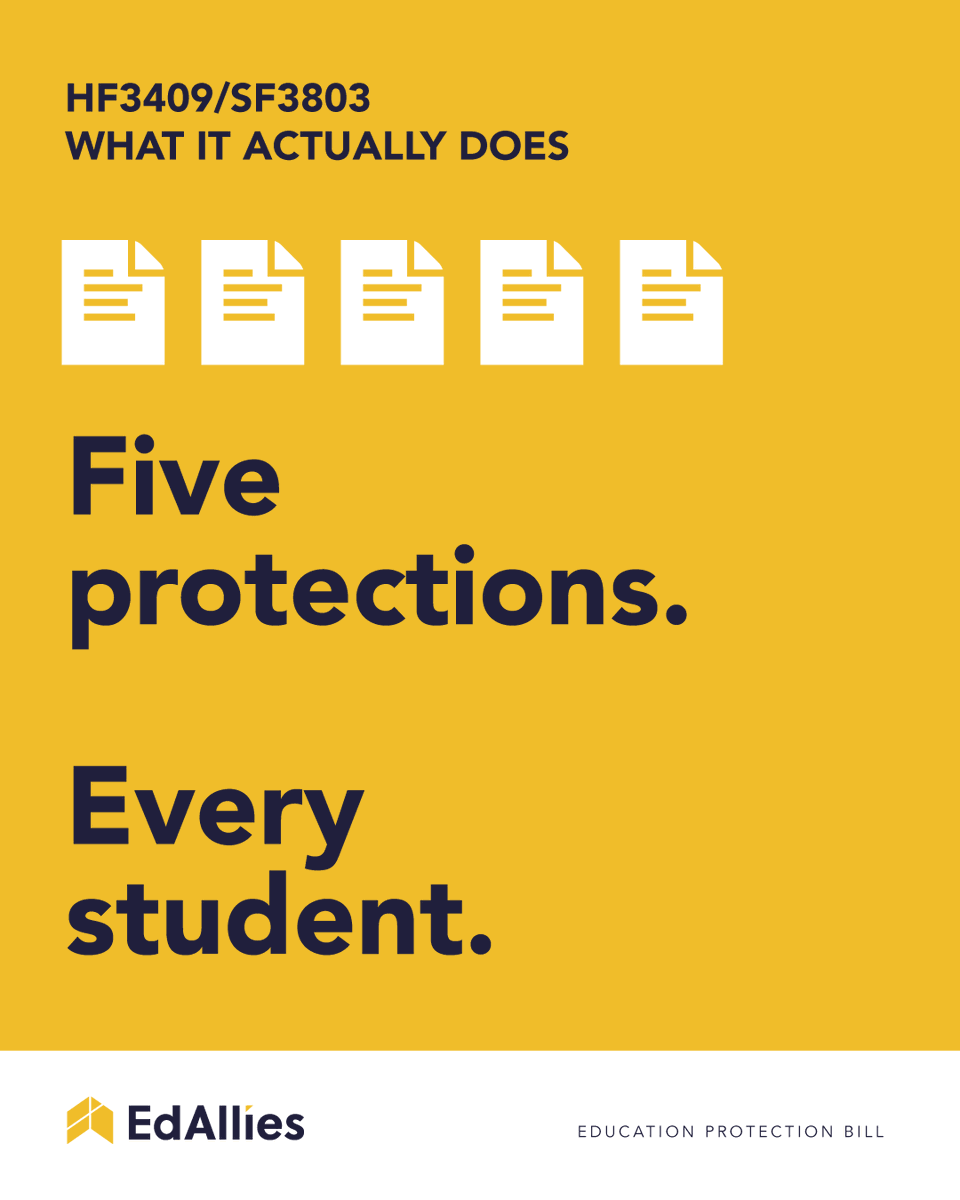 EdAlliesMN's tweet photo. Right now, SF3699 is being discussed on the Senate floor. Within this bill is critical legislation that would protect the right of every student to a K-12 education &amp; take strong steps to protect student data privacy. Let's break down the Education Protection Bill...#mnleg https://t.co/hxNa51SGGW