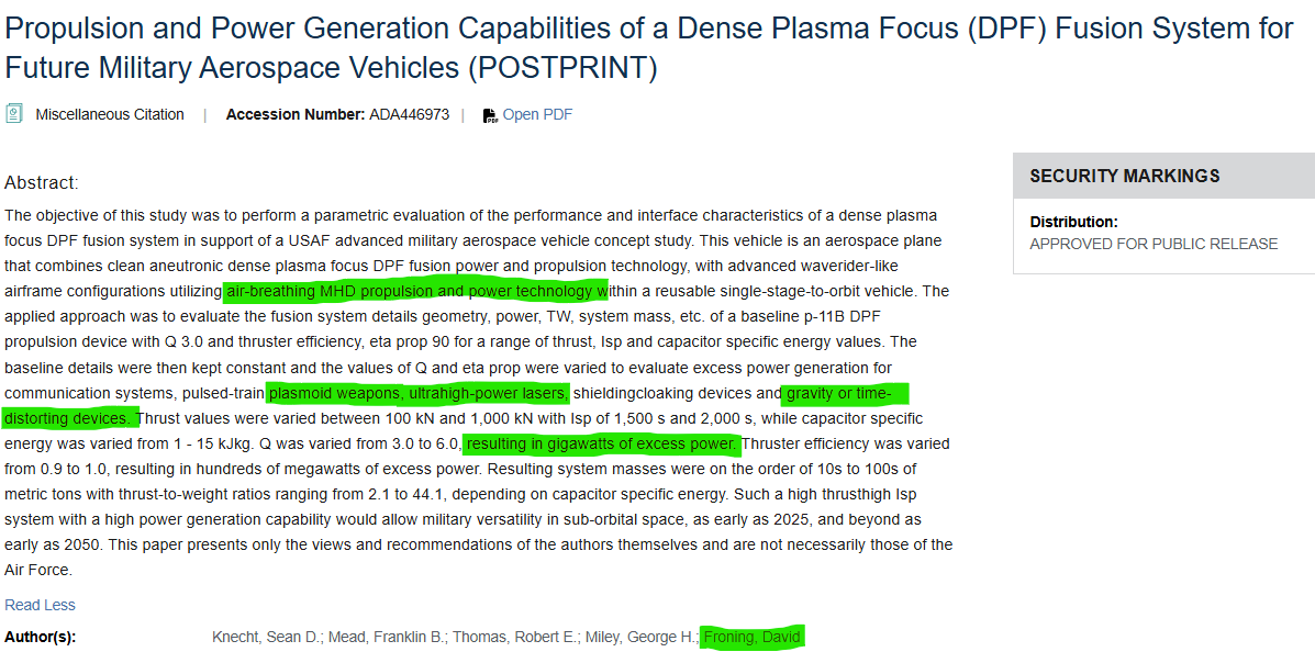 AshtonForbes's tweet photo. The entire chapter is about this paper David Froning cowrote with Frank Mead and George Miley about 2050 aerospace vehicles.

I've discussed this paper many times on podcasts before I read his book.

Plasmoid weapons, gravity distorting devices, and gigawatts of excess energy.

This is disclosure.