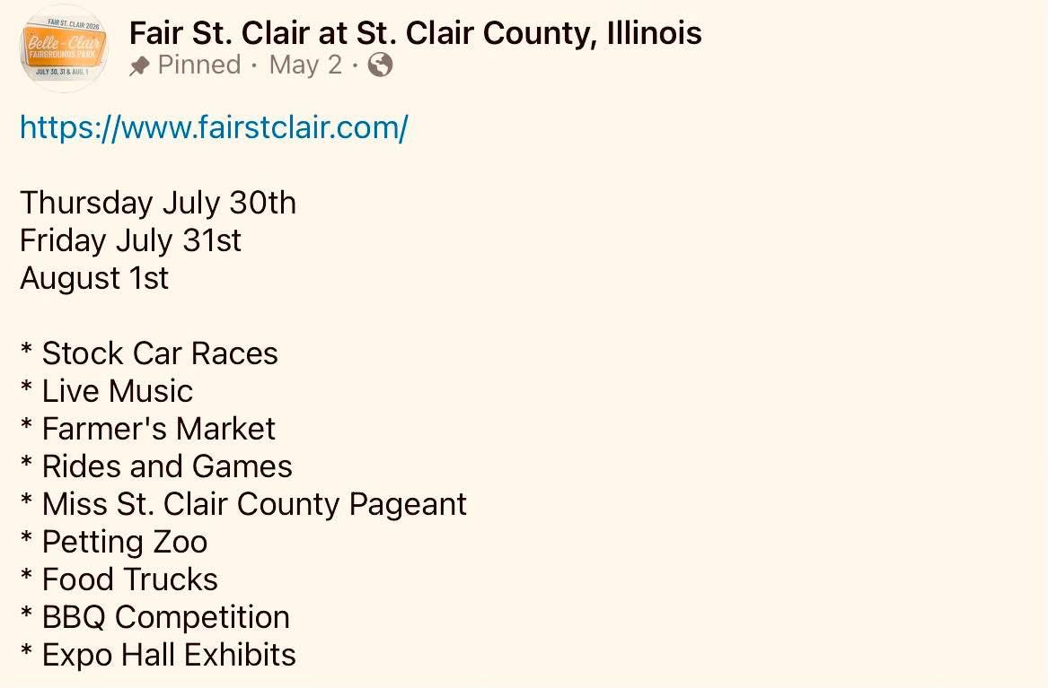 ChairmanKern's tweet photo. In about 80 days. Open this website and scroll for the events: https://t.co/HGHtJkFBJ0 …  because your Fair St. Clair will have something for everybody. #twill https://t.co/6T08vCiImb