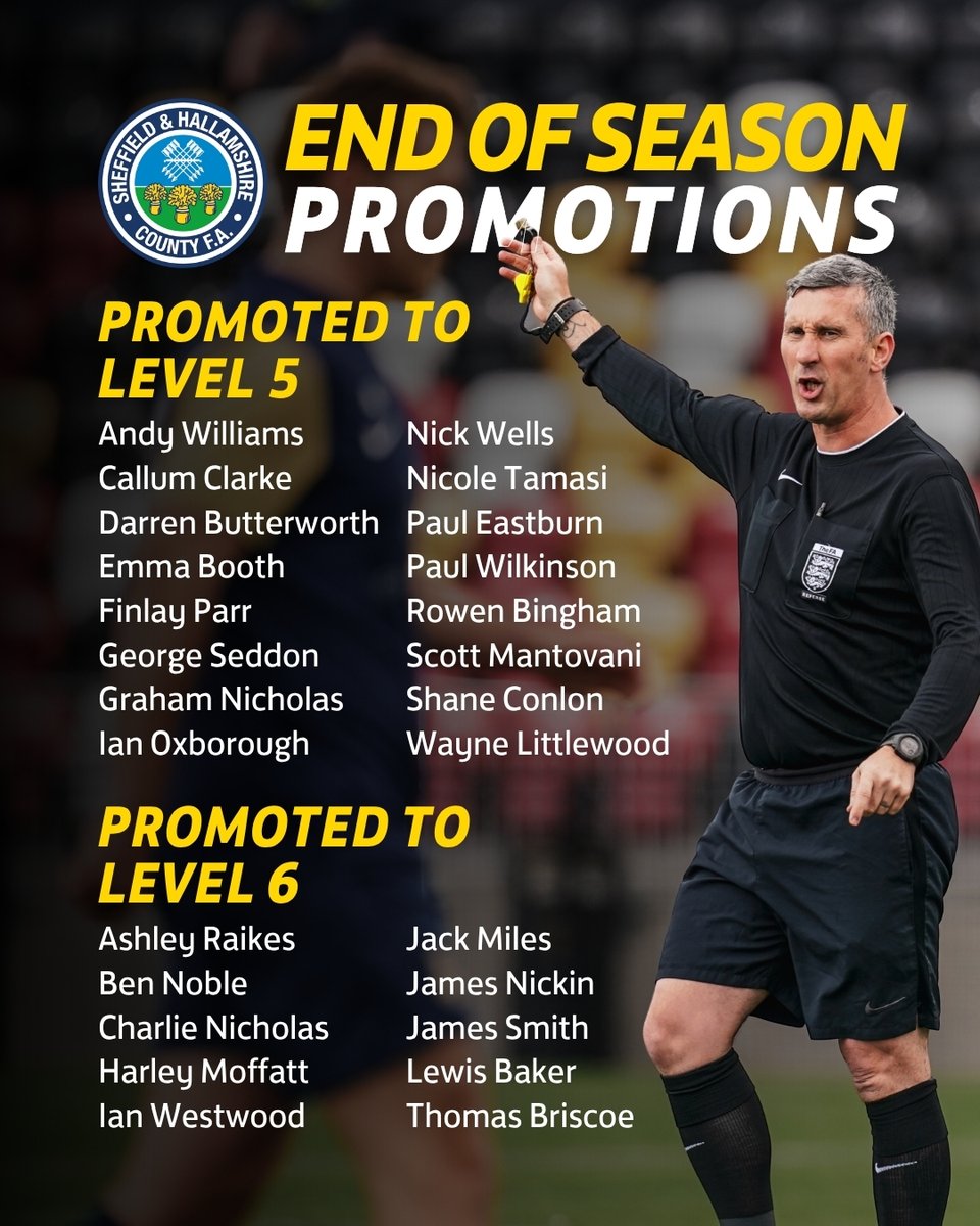 SHCFA's tweet photo. 𝙍𝙚𝙛𝙚𝙧𝙚𝙚 𝙋𝙧𝙤𝙢𝙤𝙩𝙞𝙤𝙣𝙨 📈

A huge well done to all the Sheffield and Hallamshire match officials who have earned end-of-season promotions following their hard work, commitment, and strong performances on the pitch.

Well done to you all 👏 https://t.co/p2HHVufRGd