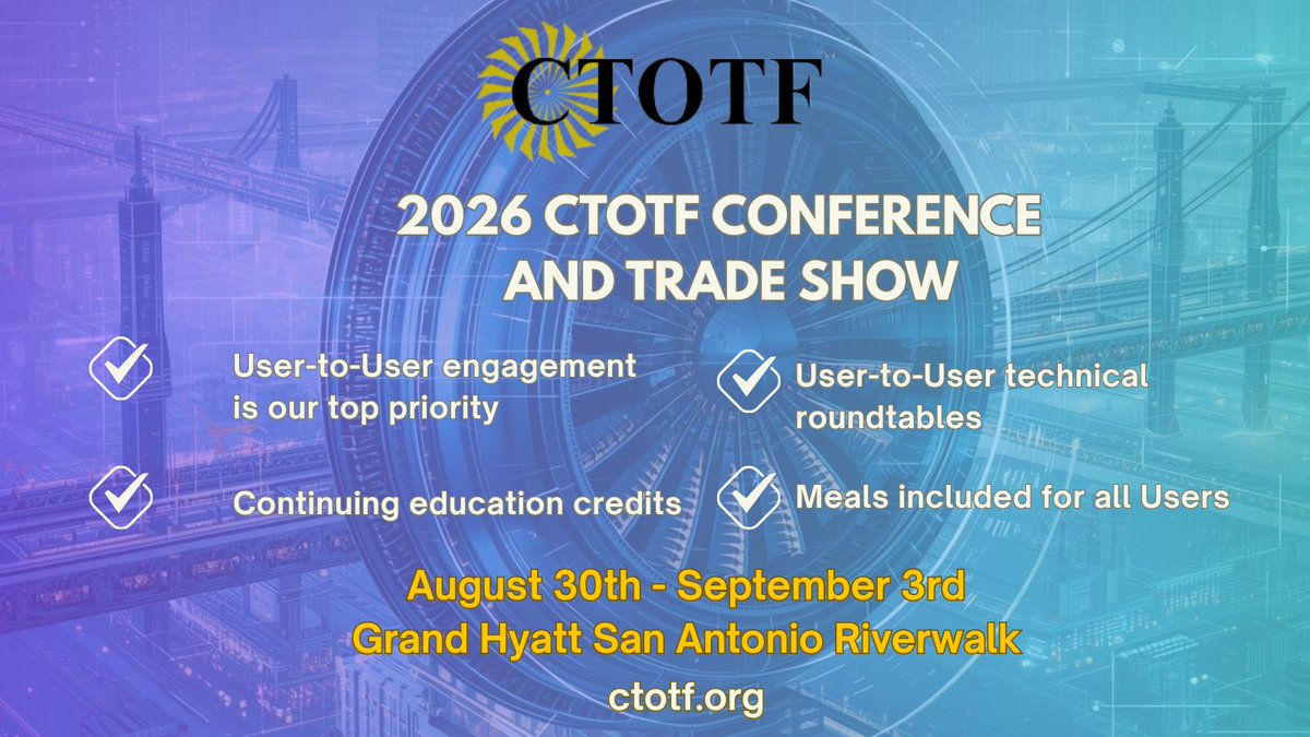 CTOTForum's tweet photo. Registration is open for the 2026 CTOTF Conference and Tradeshow. 
Don’t miss out on the premier gas turbine conference!
Join us Aug. 30th – Sept. 3rd at the Grand Hyatt San Antonio Riverwalk.
Early Bird pricing is available until July 23rd. 
Register: https://t.co/2M4X4qaptF https://t.co/f7EquoSQqW