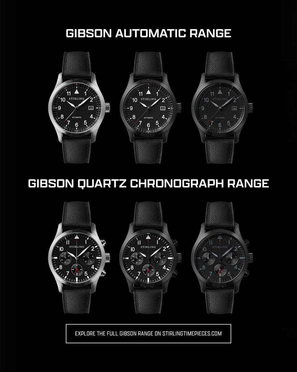 Stirlingtime's tweet photo. Gibson pilot’s watch launches May 16th, marking the Dambusters Raid anniversary.

Honouring Guy Gibson, available in Automatic &amp; Quartz Chronograph, in Black, Blackout &amp; Steel.

A refined blend of aviation heritage and modern performance.

Wheels up May 16th. https://t.co/yTdkmg2gwi