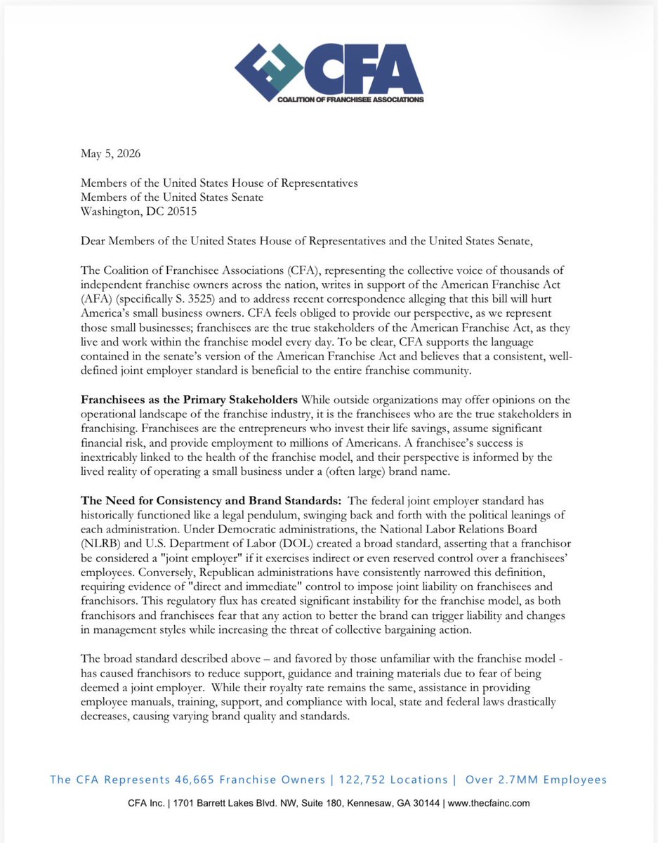 SaveLocalBiz's tweet photo. ICYMI: @cfainc sent a letter urging Congress to pass the American Franchise Act, pushing back against claims that the bill “hurts small businesses.” The letter highlights the many ways the bill benefits local franchise owners and helps “ensure that franchising remains a viable path to American Dream.”
