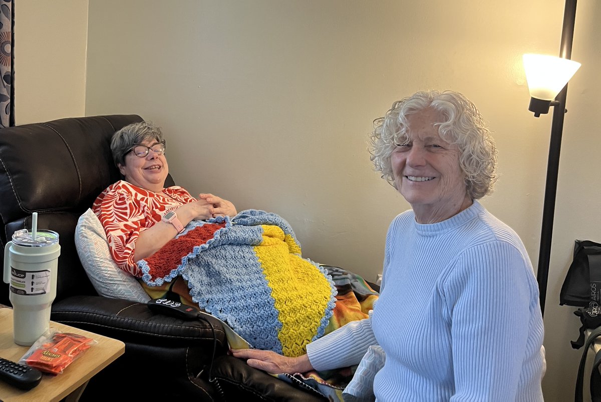 spin_inc's tweet photo. During a recent visit from SPIN Board member Rosemary, Kathy proudly demonstrated her impressive crocheting skills. Her dedication and creativity were on full display as she worked on a beautiful blanket. Thank you, Kathy, for sharing your talents with us! https://t.co/mbJParrfoc