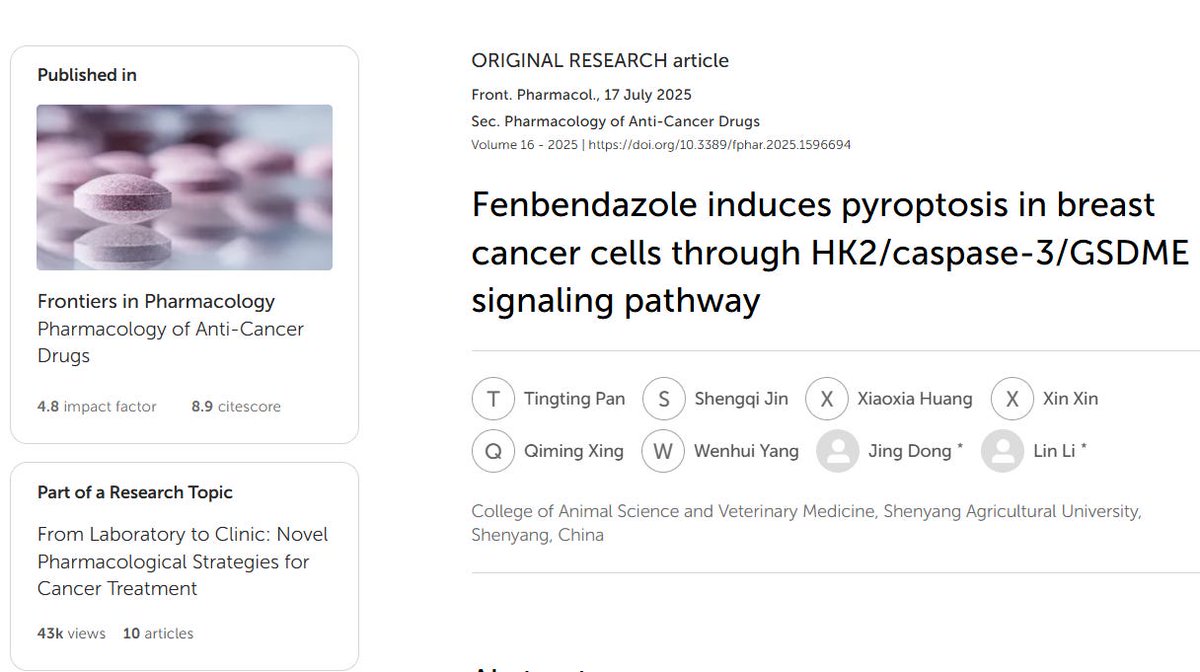 MakisMedicine's tweet photo. BREAKING NEWS: FENBENDAZOLE in CANCER - New anti-cancer mechanism discovered in this 2025 paper: Pyroptosis in breast cancer cells

New way Fenbendazole kills cancer discovered! 🤔

2025 Pan et al - Fenbendazole induces pyroptosis in breast cancer cells through HK2/caspase-3/GSDME signaling pathway

HIGHLIGHTS

Pyroptosis is a form of programmed cell death where cells swell up, burst open, and release inflammatory signals (like IL-1β and IL-18). Unlike quiet cell suicide (apoptosis), this one is “loud” and inflammatory, which can help fight tumors.

Pyroptosis has a profound effect on the invasion, proliferation and metastasis of tumor cells and is of therapeutic importance in a variety of cancers.

According to several studies, pyroptosis modulators suppress tumors in breast, liver, lung and bladder cancer

Researchers tested Fenbendazole on mouse breast cancer cells (EMT6 line) in lab dishes and in live mice with breast tumors.

RESULTS:

In vitro, Fenbendazole:

dose dependently inhibited cell viability

induced pyroptotic morphological changes (e.g., cell swelling and membrane pore formation)

upregulated pyroptosis markers (cleaved caspase-3, GSDME-NT, IL-1β),

and suppressed glycolysis by HK2 (hexokinase 2) downregulation

In vivo, Fenbendazole:

significantly reduced breast tumor volume and weight in mice

with minimal systemic toxicity (liver and kidney function normal).

Mechanistically, Fenbendazole activated the caspase-3/GSDME pathway to induce pyroptosis (when either of them was turned off, pyroptosis was shut off)

Fenbendazole increases p53 which inhibits HK2, which increases markers (cleaved caspase-3) that induce pyroptosis.

CONCLUSION:

Fenbendazole suppresses tumor growth by inducing Pyroptosis (it does it by increasing p53 which inhibits HK2 and glycolysis, which drives cancer cells into Pyroptosis, or inflammatory programmed death)

This study uncovers a novel mechanism for Fenbendazole’s antitumor effects and highlights HK2 as a critical link between metabolism and cell death, suggesting Fenbendazole as a potential candidate for cancer therapy.

My Thoughts:

For the past 2 years, I have been documenting over a dozen mechanisms by which Fenbendazole attacks cancer both in humans and animals.

We can add a new anticancer mechanism to the list thanks to this 2025 Paper 😃

PYROPTOSIS - Inflammatory programmed cell death.