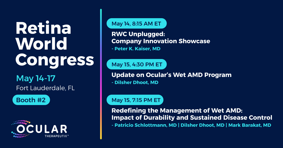 OCUTX's tweet photo. We’re excited for @RetinaWCongress and to share data from our SOL-1 Phase 3 trial in wet age-related macular degeneration.​ We look forward to sharing how we’re working to redefine the retina experience.

Visit us at booth 2 and learn more: https://t.co/Vpu91lylw9 https://t.co/HYt0KNkMdw