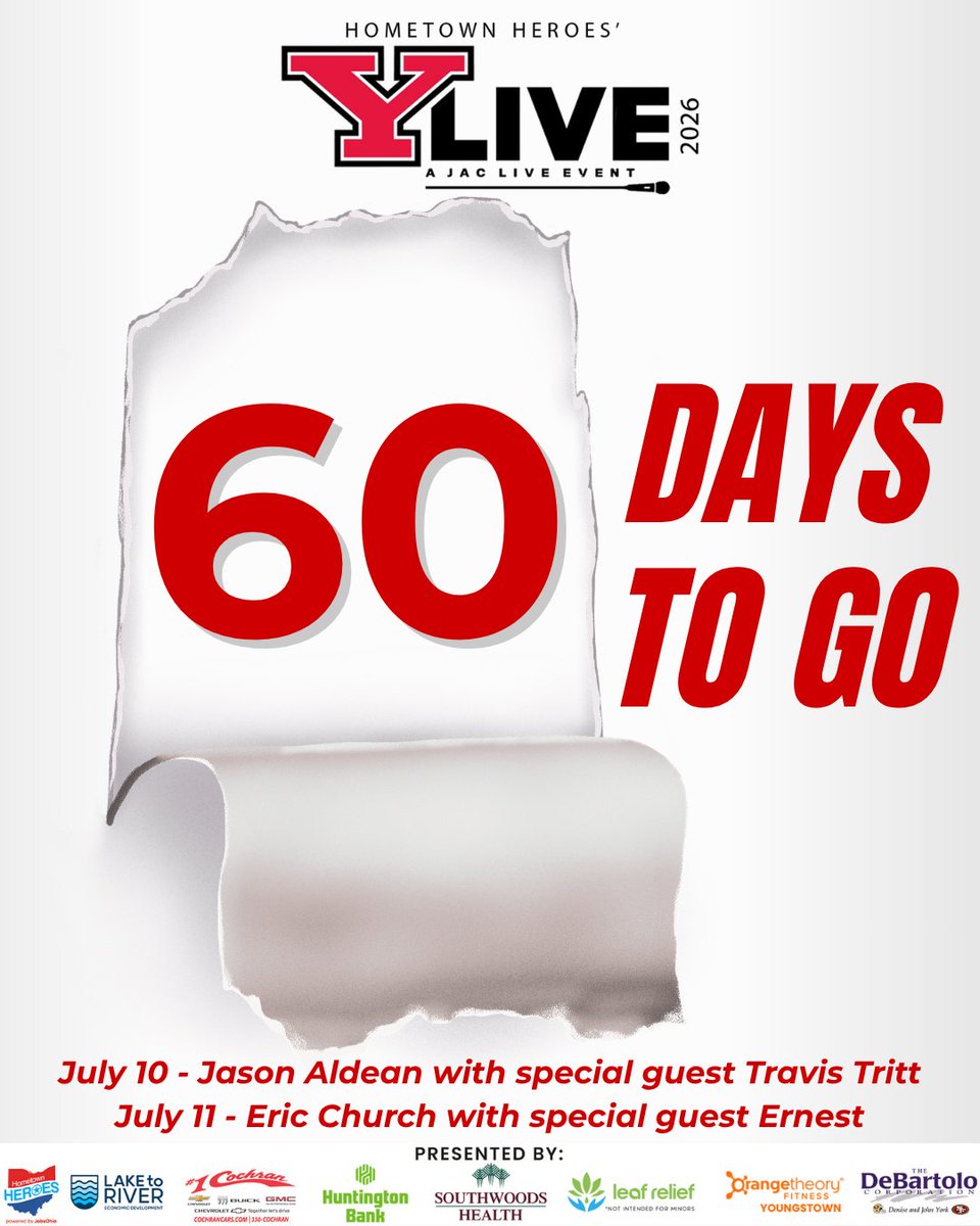 YLiveMusicEvent's tweet photo. 60 days until Stambaugh Stadium turns into the biggest country party of the summer! 🔥

Jason Aldean. Eric Church. Two nights in Youngstown.
July 10 &amp; 11 can’t get here fast enough.

🎟 2-day passes on sale now. LINK IN BIO https://t.co/nXgd2NzF9P
