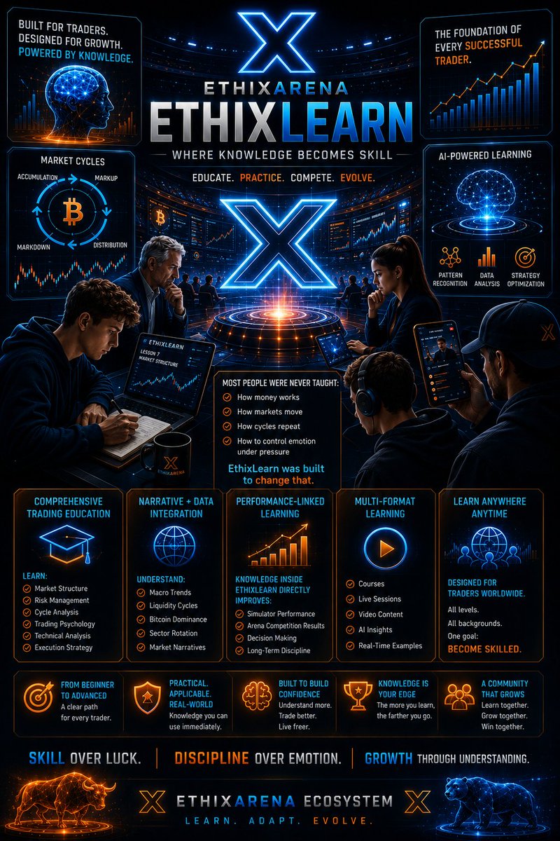 EthixArena's tweet photo. 1/5

Knowledge changes everything.

Not because it guarantees success overnight…

but because it changes the way you see the world forever.

The market stops looking random.
Fear starts turning into structure.
Emotion starts turning into discipline.

That’s why EthixLearn was built.

To help people understand what most were never taught:

• How money moves
• How cycles repeat
• How markets react
• How professionals think under pressure

Because once you understand the game…
you stop gambling inside it.