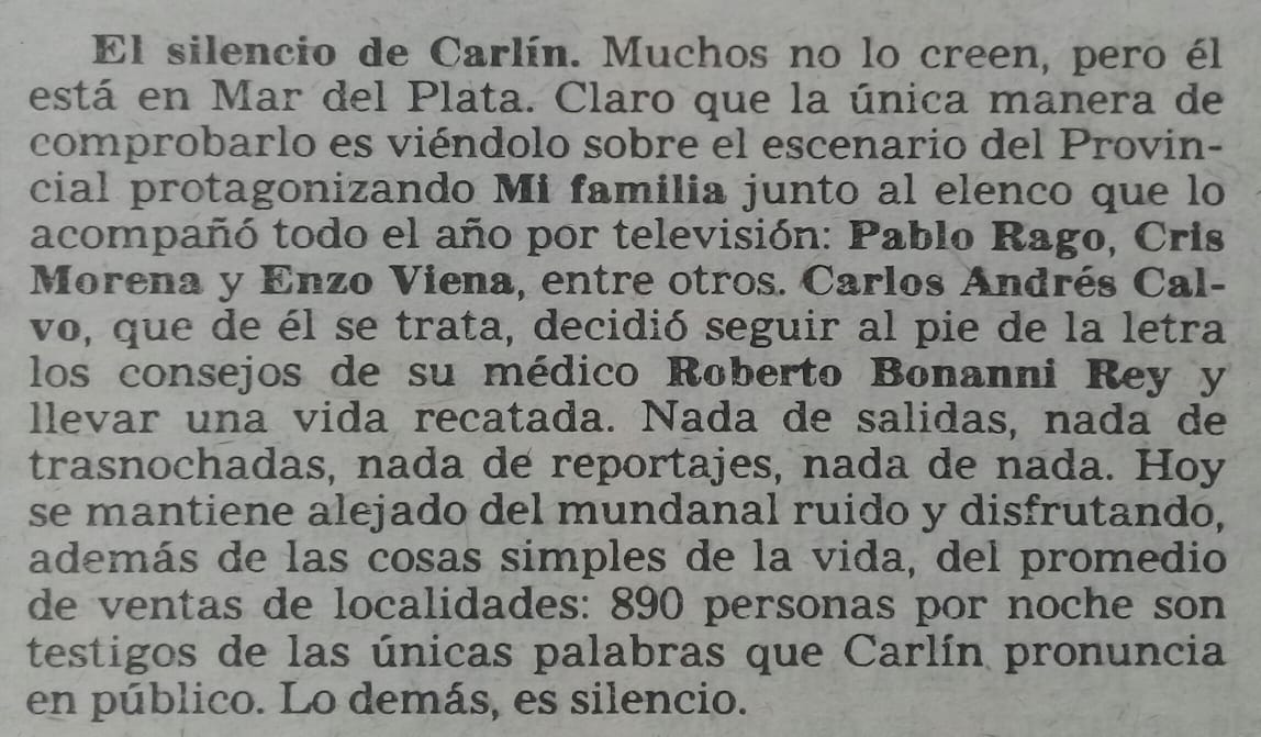 CarlinyCris's tweet photo. Carlín tuvo que seguir las indicaciones médicas en toda su estadía en Mar del Plata en el verano de 1991, solamente se le permitió hacer la obra "Mí Familia" en el Teatro Provincial apenas se repuso del pico de estrés e hipertensión.

Foto: Extracto de Clarín, 17 de enero de 1991 https://t.co/E1CTUIYfP9