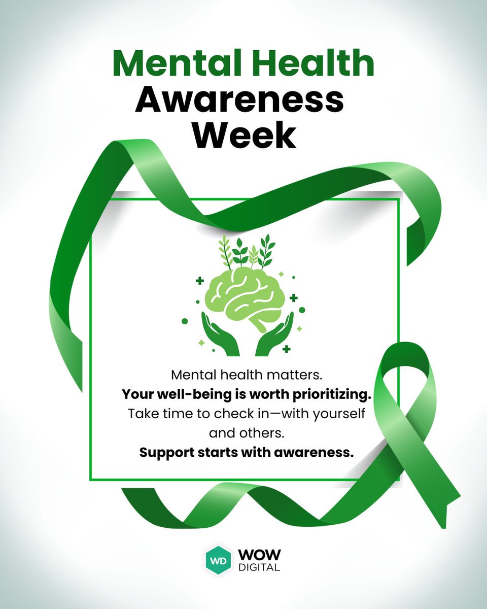 wowdigitalinc's tweet photo. It’s #MentalHealthAwareness Week 💚

#Mentalhealth impacts how we work, connect, lead, and show up for our #communities. 

Taking care of your well-being isn’t selfish; it’s essential. ✨

A simple reminder: you matter, too. https://t.co/VjxPMmjGkj