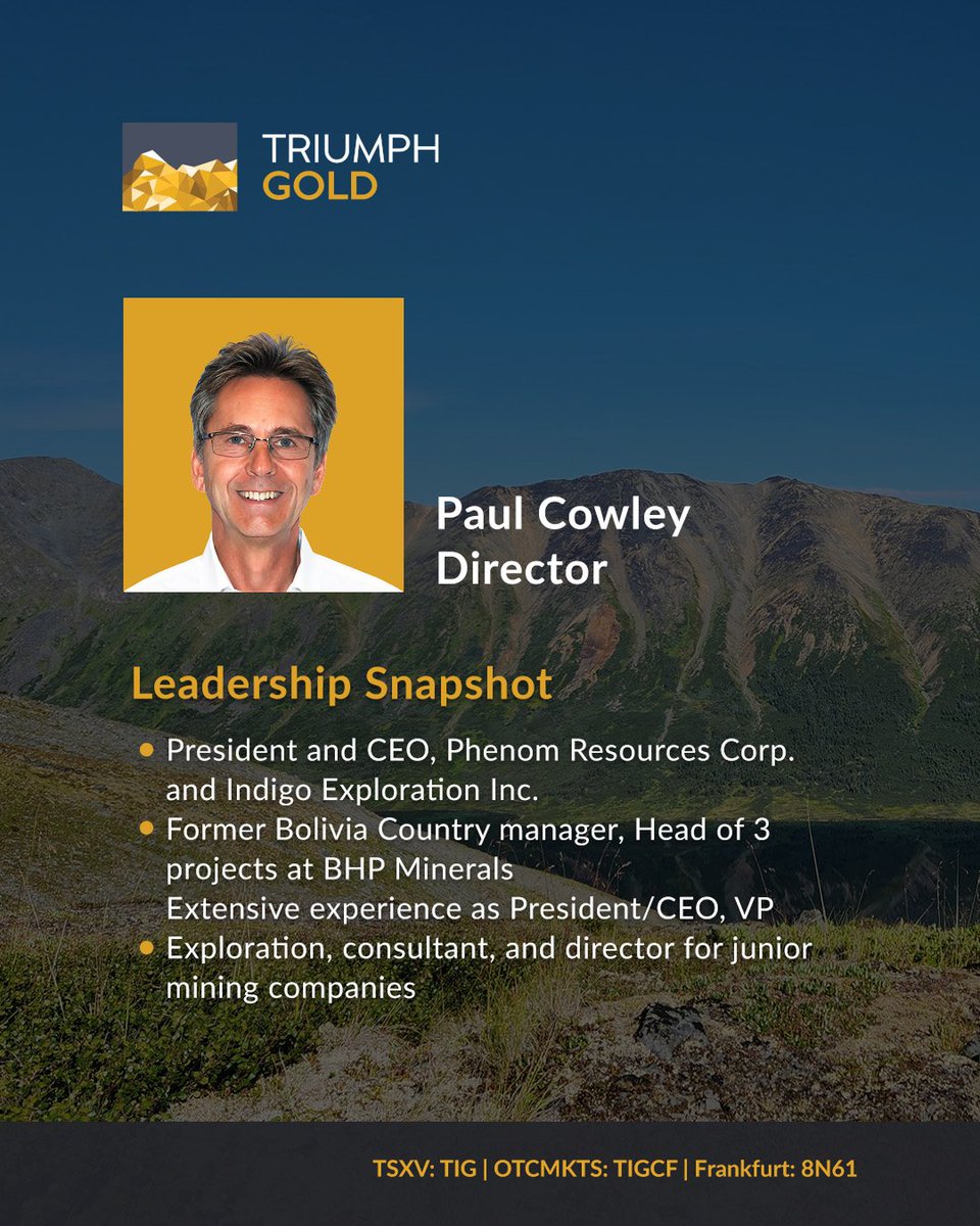 TriumphGoldCorp's tweet photo. As manager of the Slave Gold Project in Canada, our Director Paul Cowley, P.Geo. led a team that discovered and advanced 4 gold deposits totaling over 6M ounces of #gold.

Meet our team: https://t.co/EPFz2uor5N

🇨🇦 #TSXV: $TIG.V 🇺🇸 #OTCMKTS: #TIGCF 🇩🇪 #FSE: #8N61 https://t.co/yTpQWd9vfl