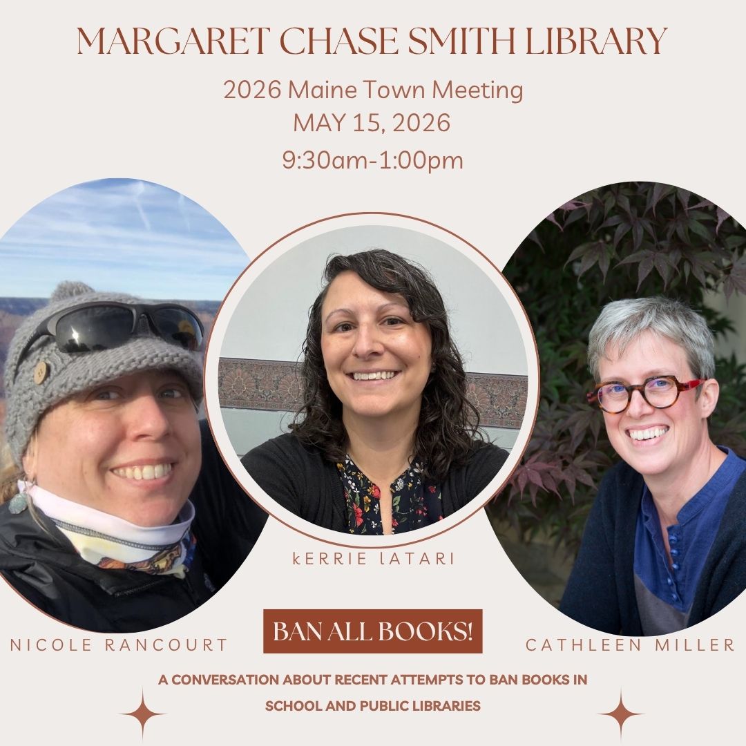 MCSmithLibrary's tweet photo. Our Annual Maine Town Meeting is May 15th! Join Kerrie Lattari, Cathleen Miller, and Nicole Rancourt to discuss book bans in Maine and beyond. Optional lunch available. Register: https://t.co/FzrUAMxTAu #BANALLBOOKS https://t.co/BfF8OFYqtr