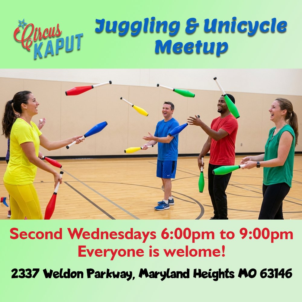 stljuggler's tweet photo. Join us Wednesday May 13!  Circus Kaput Juggling Night is open to the public! 🤹‍♀️ Come juggle with us. #juggler #circuskaput #stlouis https://t.co/2LvI0RKKA2